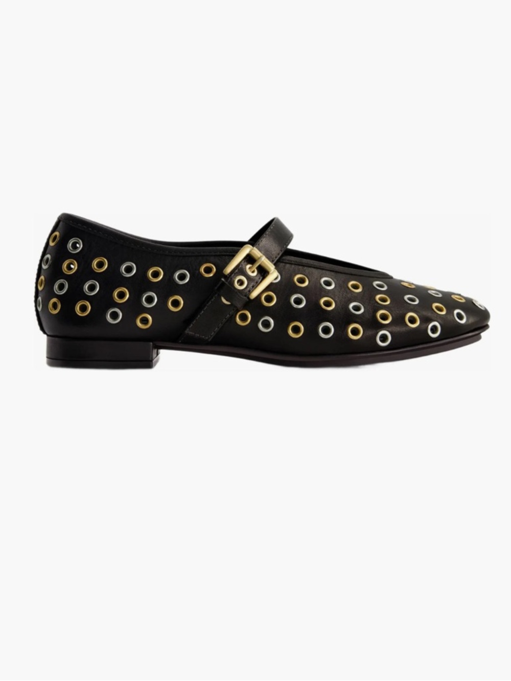 Bernardo Borden Grommet Black Leather Mary Jane Flats Ballet Gold Silver Eyelets